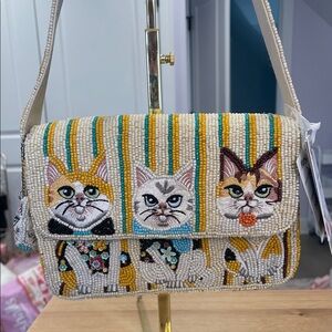 Beaded Cat Trio Shoulder Bag in Cream and Yellow with Cat Charm NWT